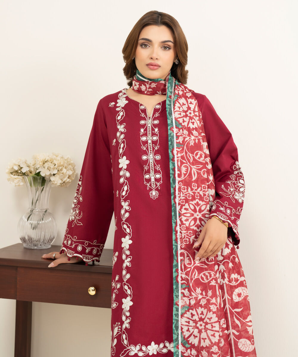 Women's Unstitched Lawn Red Embroidered 3 Piece Suit
