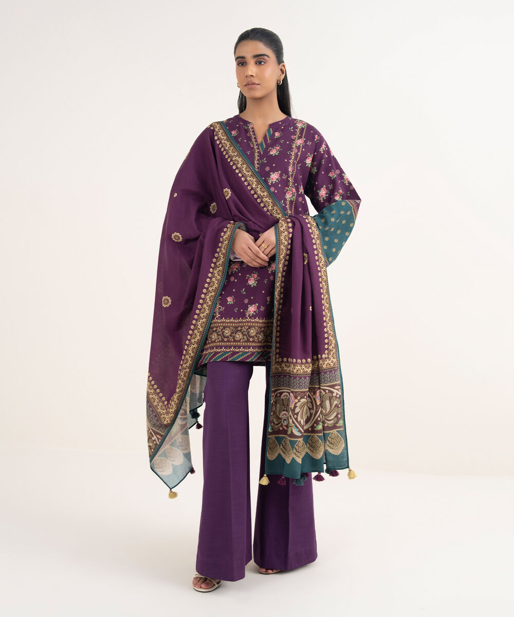 Women's Unstitched Light Khaddar Printed Purple 3 Piece Suit