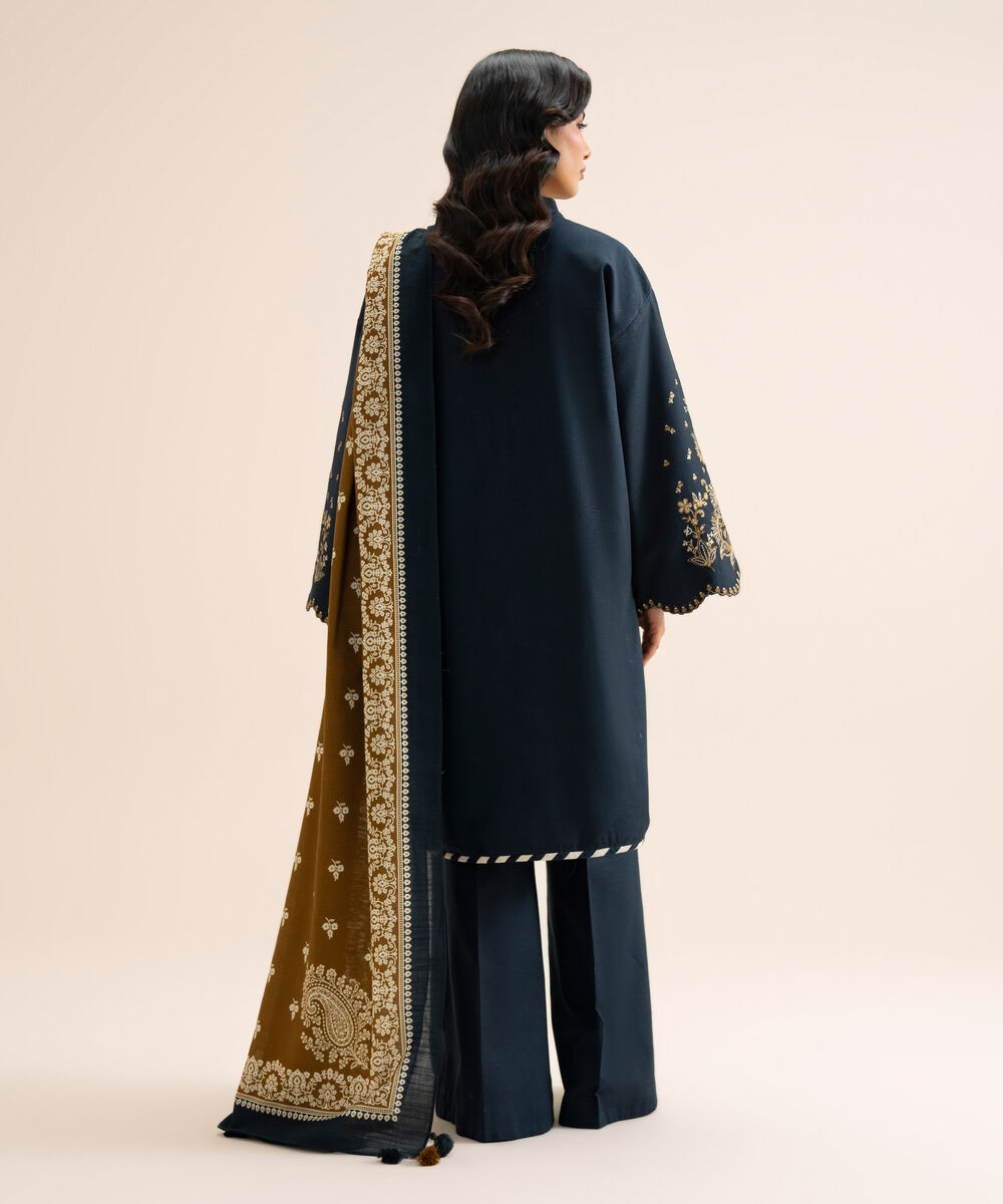 Women's Unstitched Light Khaddar Embroidered Blue 3 Piece Suit