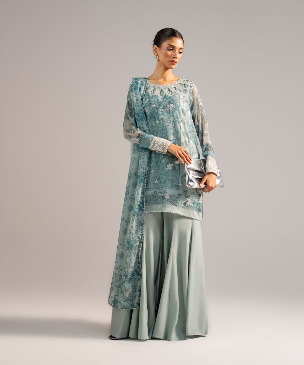 Women's RTW Chiffon Embroidered Blue 3 Piece Suit
