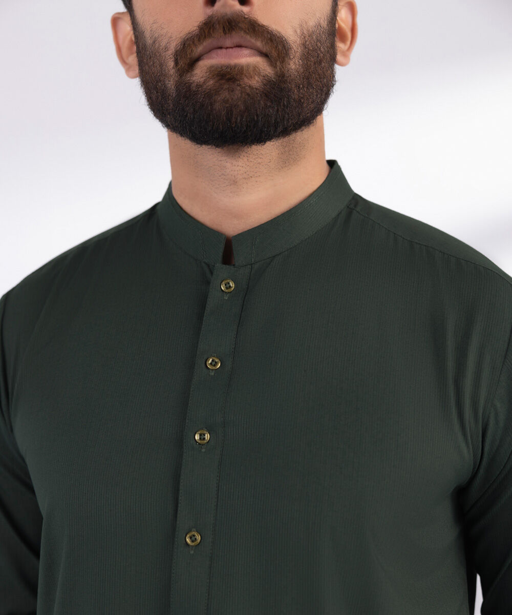 Men's Blended Stitched Plain Green Kurta