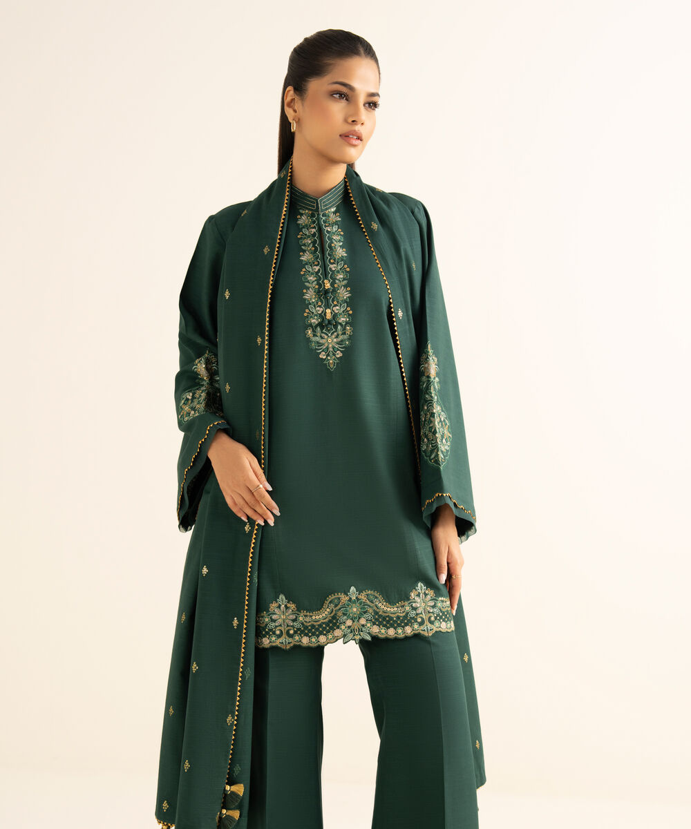 Women's Unstitched Khaddar Embroidered Green 3 Piece Suit