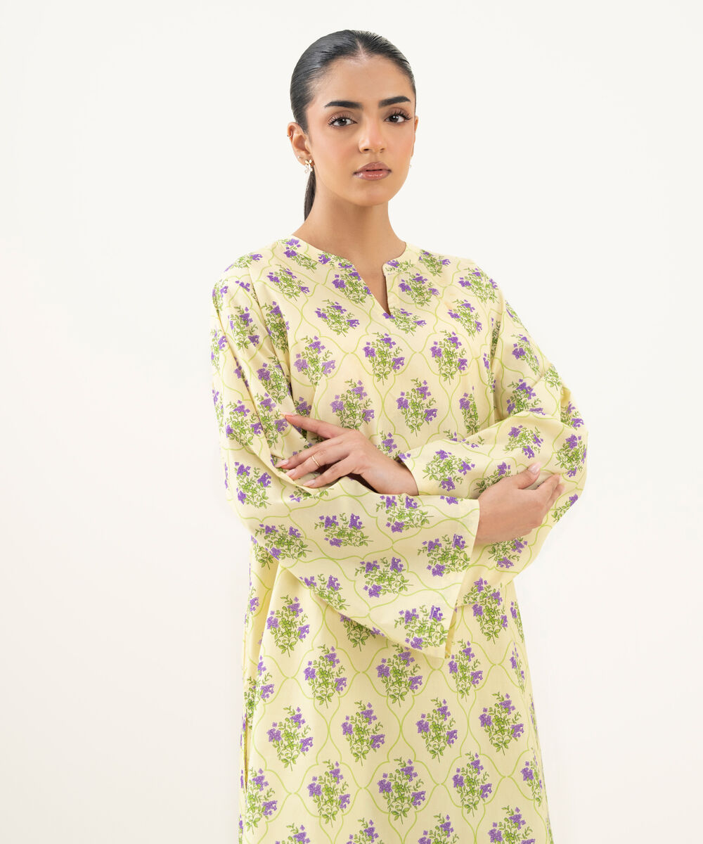 Women's RTW Cambric Printed Yellow Drop Shoulder Shirt