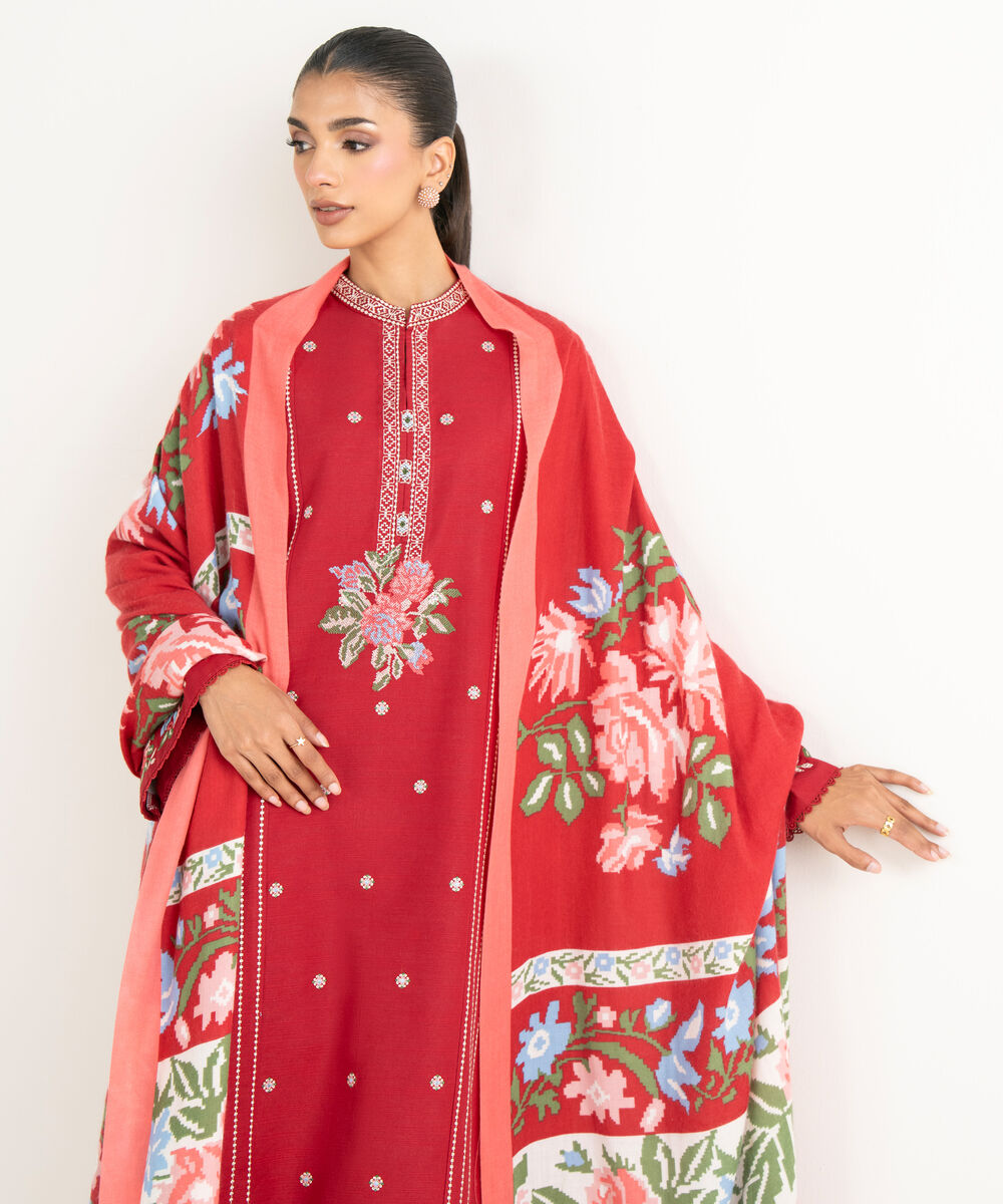 Women's Unstitched Twill Embroidered Red  3 Piece Suit