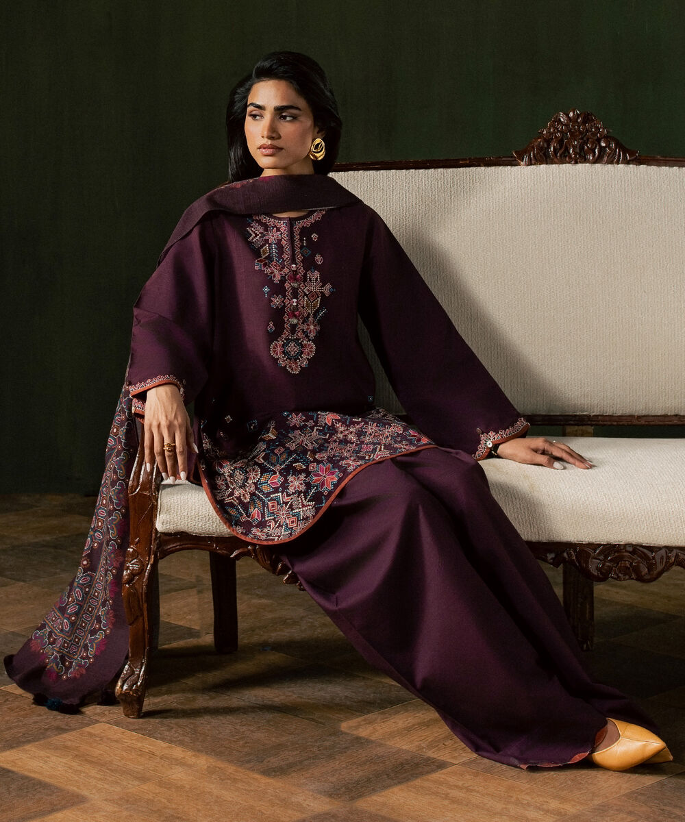 Women's Unstitched Light Khaddar Embroidered Plum 3 Piece Suit