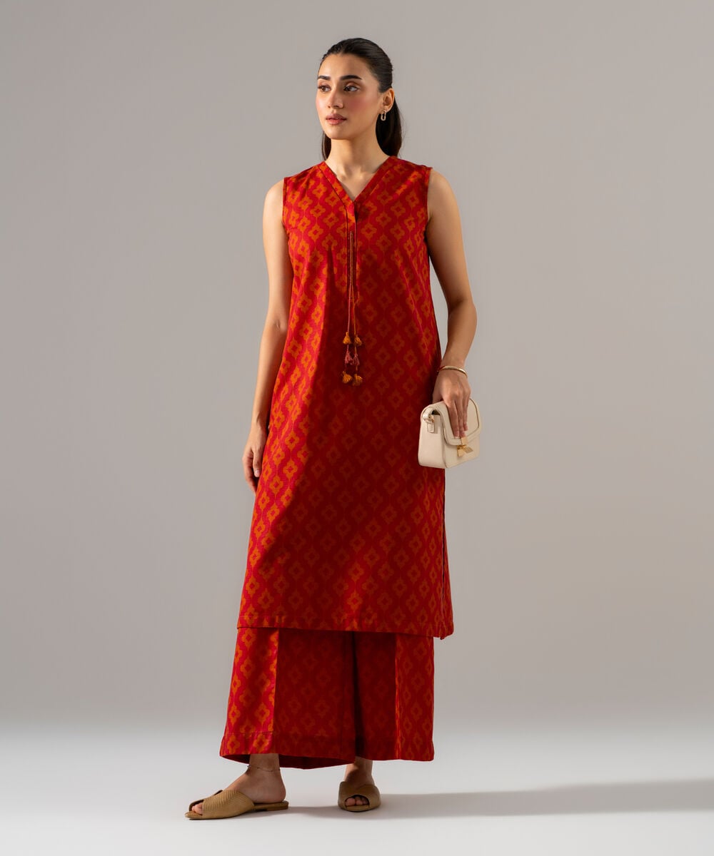 Women's RTW Khaddar Printed Orange 2 Piece Suit