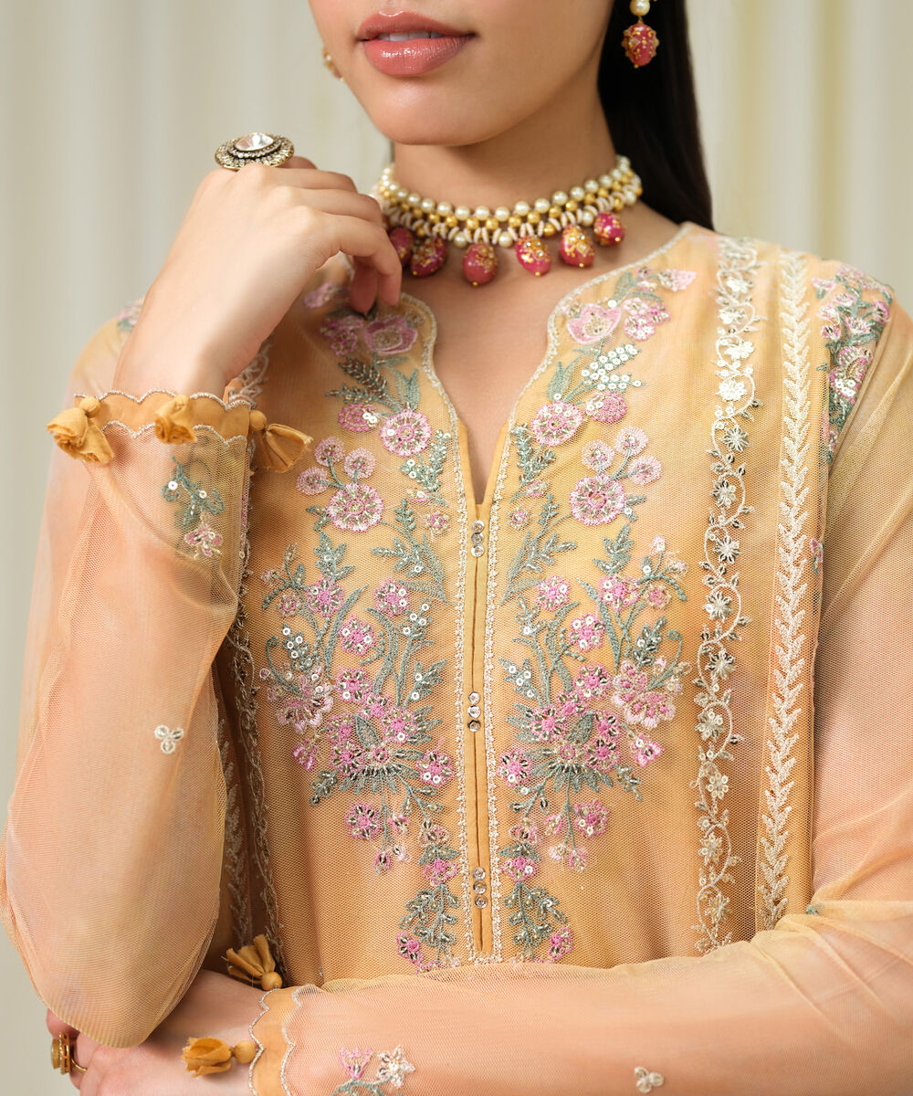 Women's Unstitched Blended Net Embroidered Yellow 3 Piece Suit