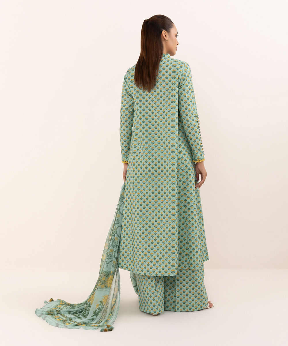 Women's Unstitched Cotton Printed Aqua Three Piece Suit