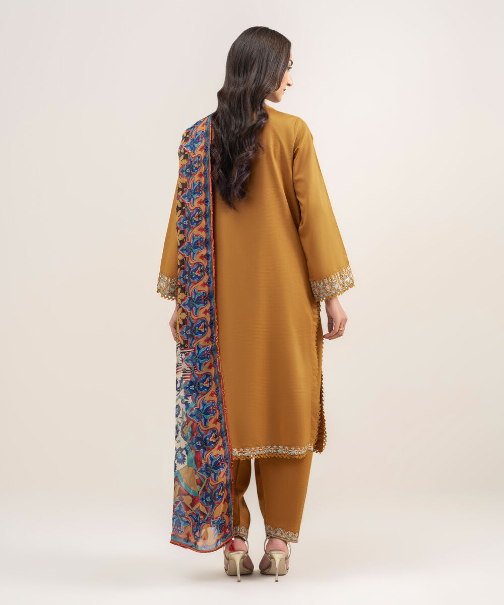 Women's RTW Dobby Embroidered Mustard Brown 3 Piece Suit