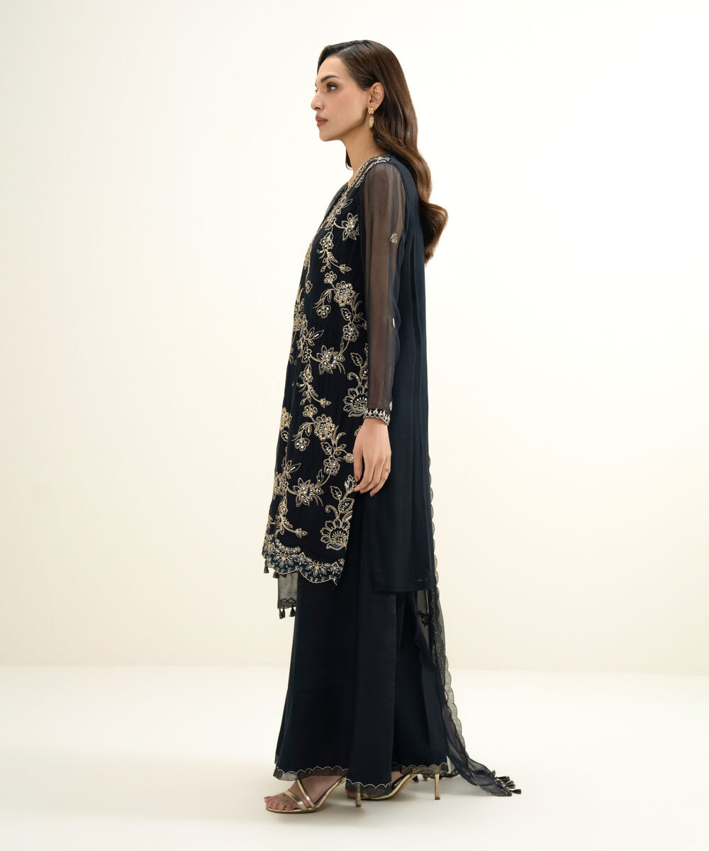 Women's Unstitched Blended Chiffon Embroidered Black  3 Piece Suit