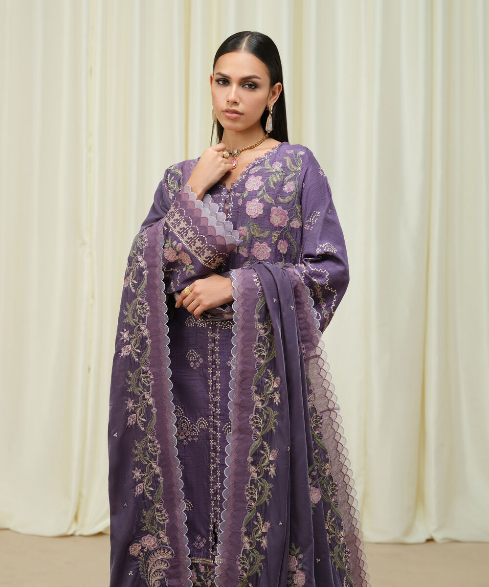 Women's Unstitched Raw Silk Embroidered Purple 3 Piece Suit
