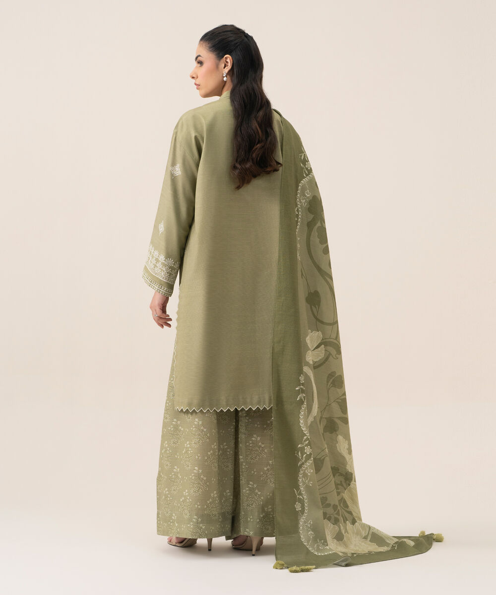 Women's Unstitched Cotton Embroidered Light Green 3 Piece Suit