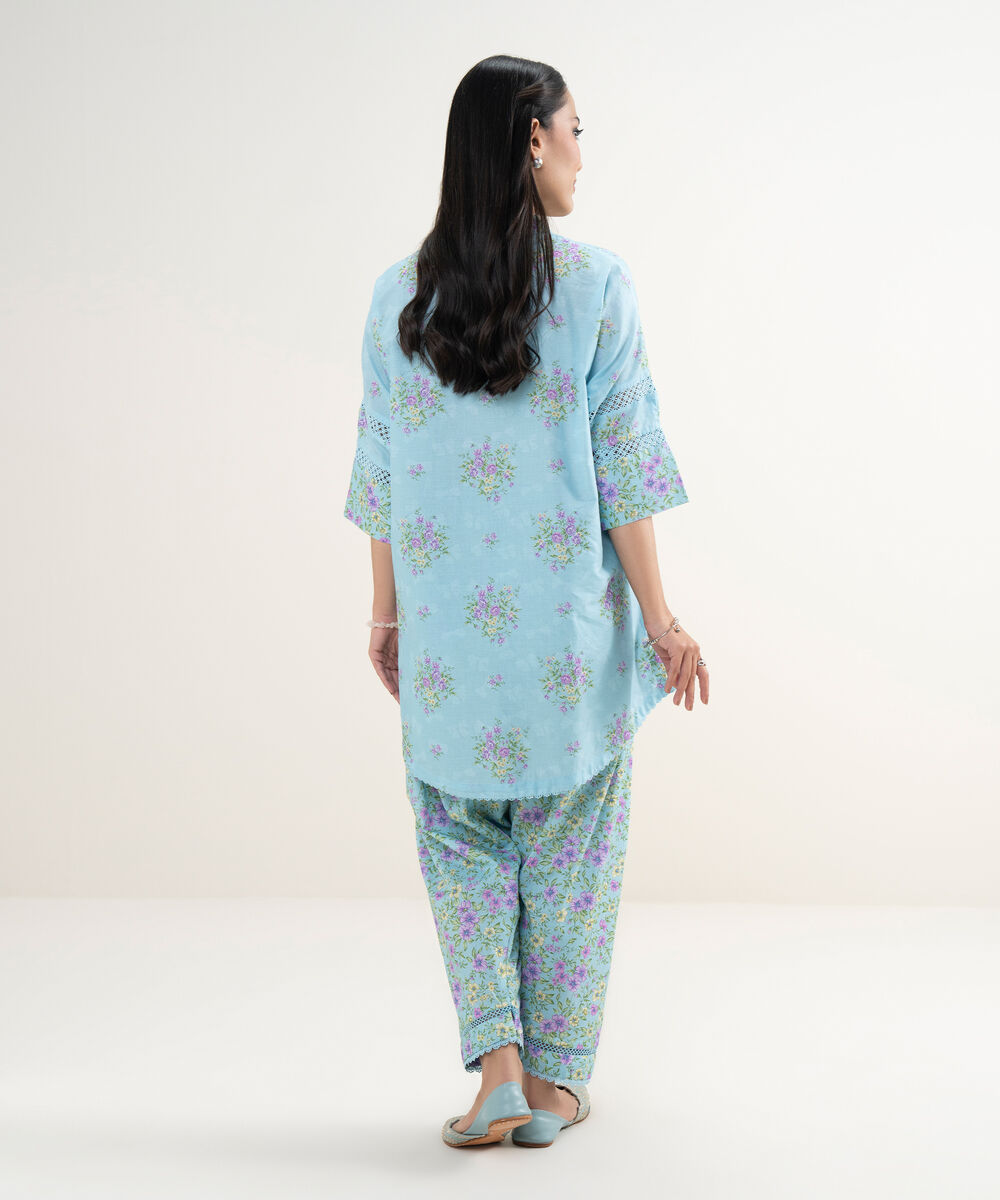 Women's RTW Lawn Printed Blue Drop Shoulder Shirt