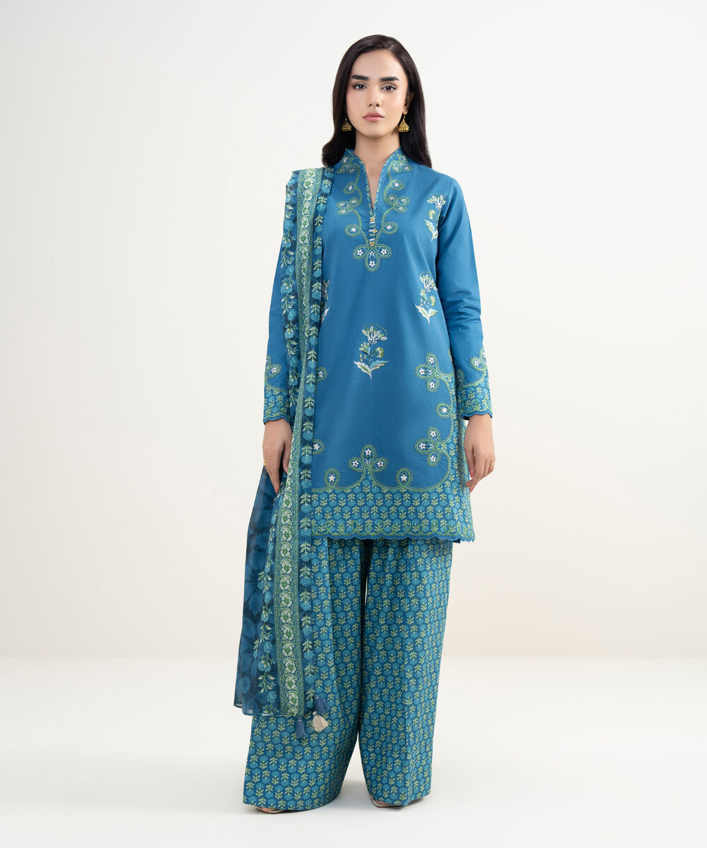 Women's Unstitched Textured Lawn Embroidered Blue 3 Piece Suit