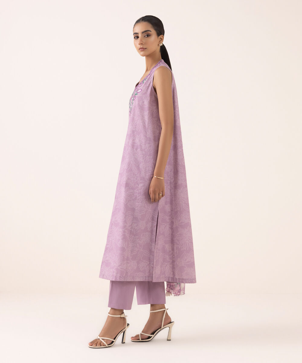 Women's Unstitched Cotton Embroidered Lilac Three Piece Suit