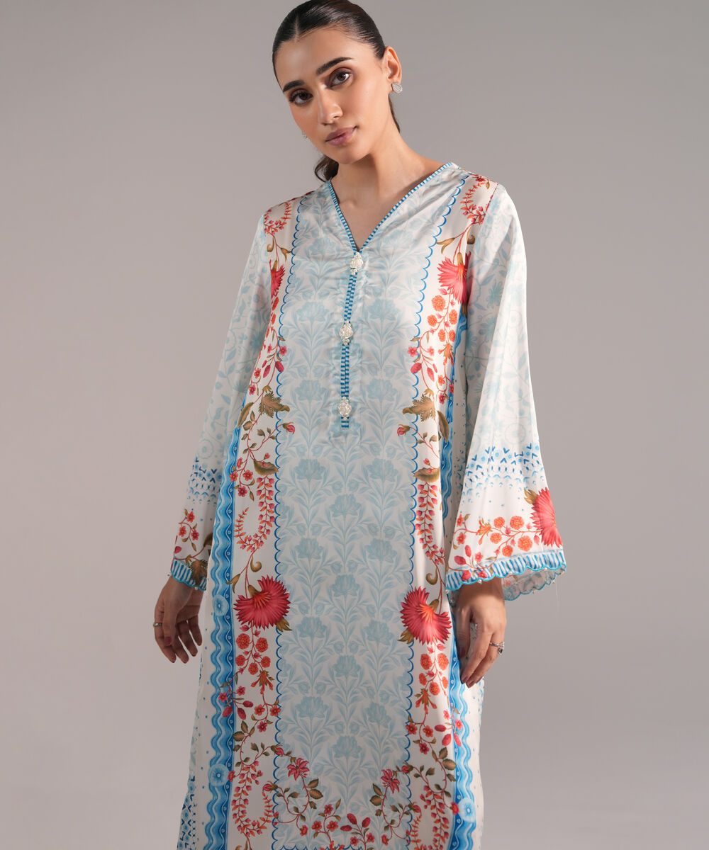 Women's RTW Blended Satin Printed Blue 2 Piece Suit