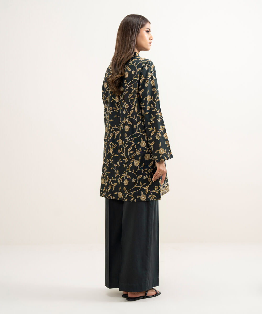 Women's RTW Cotton Viscose Embroidered Black Straight Shirt