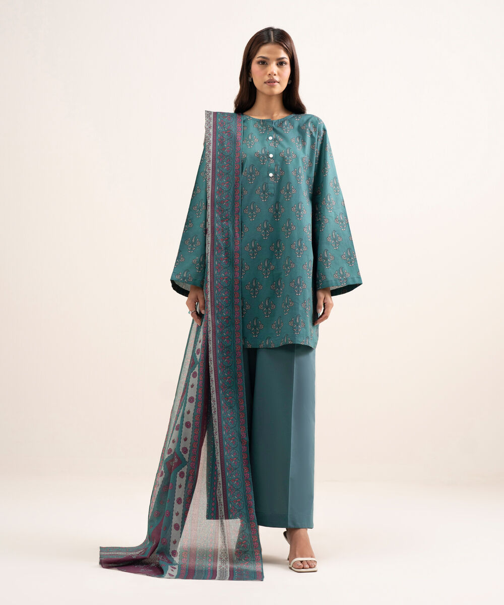 Women's RTW Cambric Printed Green 3 Piece Suit