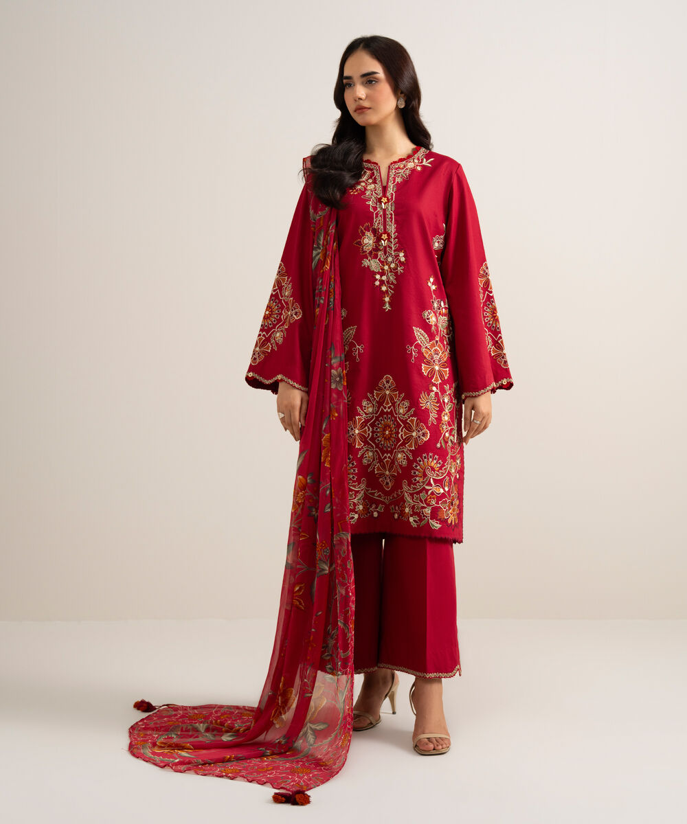 Women's Unstitched Embroidered Cotton Viscose Red 3 Piece Suit