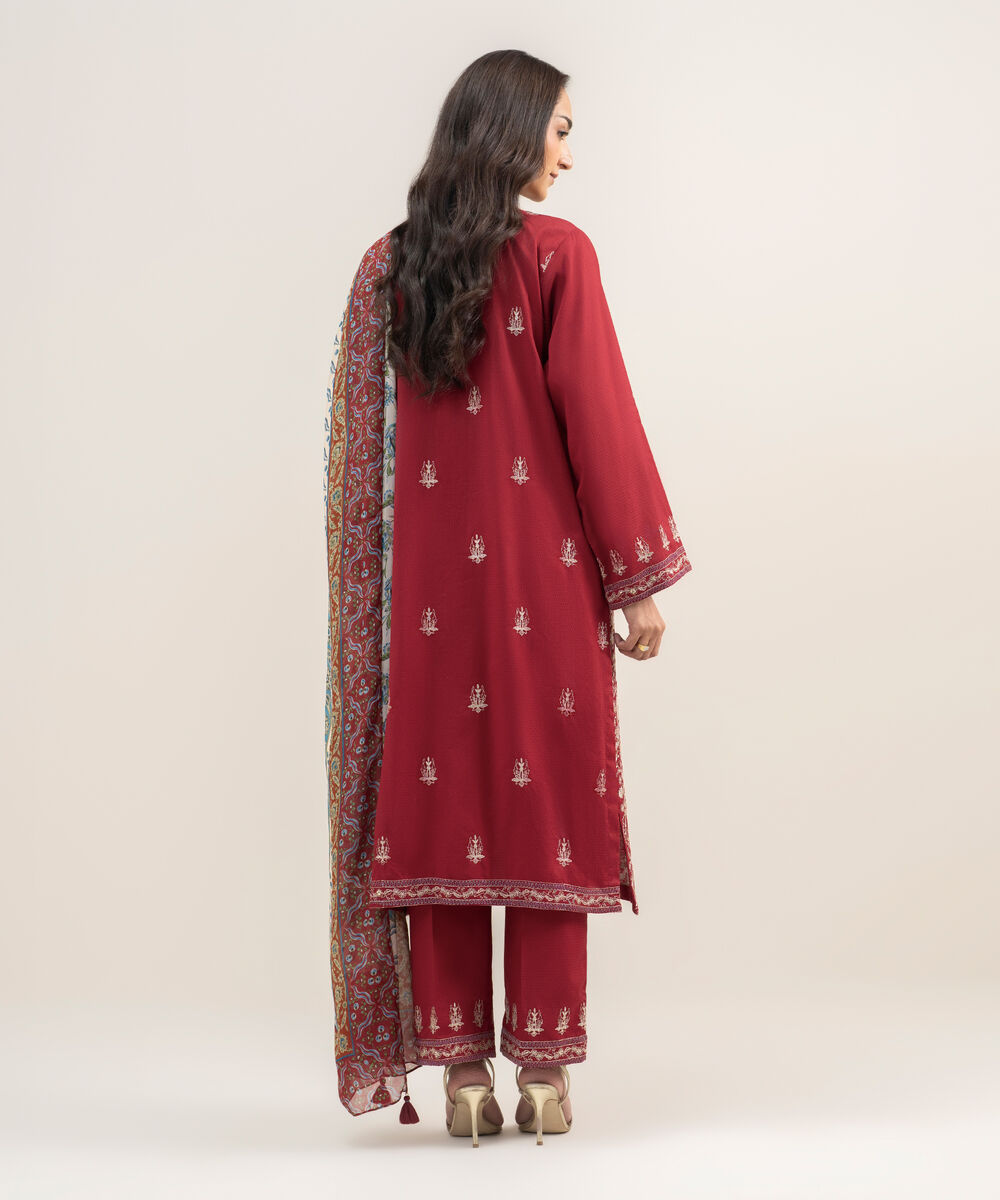 Women's RTW Dobby Embroidered Maroon 3 Piece Suit