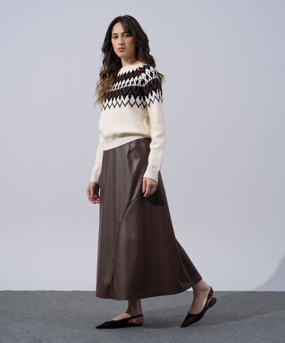 Women's Western Wear Brown Polyester Faux Leather Flared Skirt