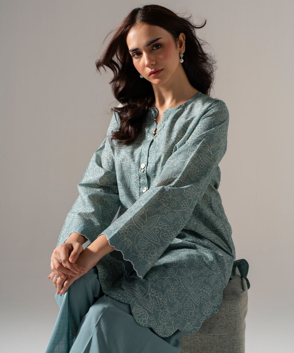 Women's RTW Cross Hatch Printed Cadet Blue Straight Shirt