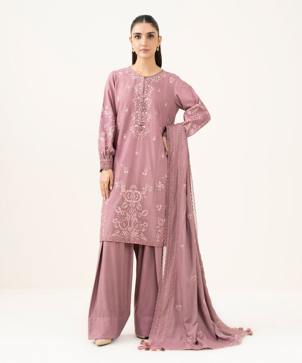 Women's Unstitched Embroidered Linen Mauve 3 Piece Suit