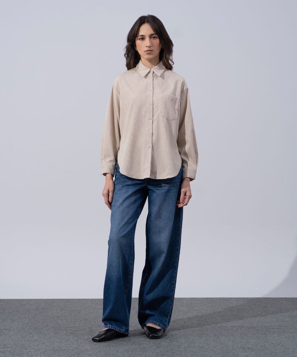 Women's Western Wear Beige Polyester Button Through Corduroy Shirt