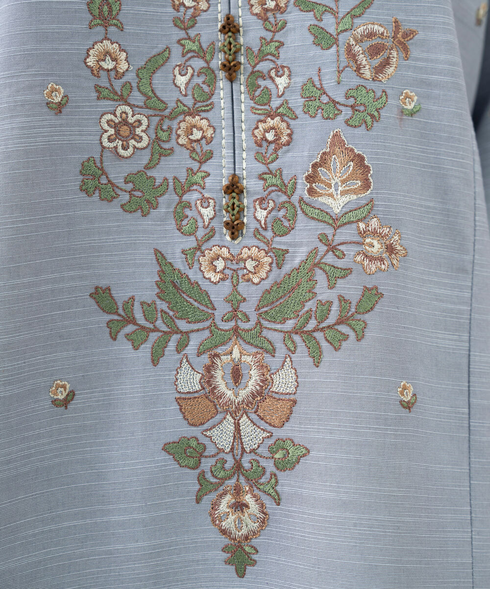 Women's Unstitched Cotton Embroidered Blue 3 Piece Suit