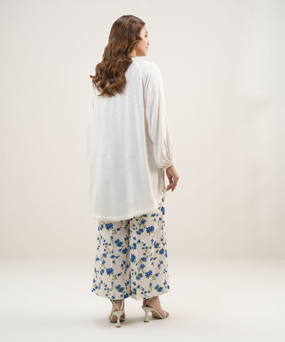 Women's RTW Arabic Self Jacquard Solid Cream White Drop Shoulder Shirt