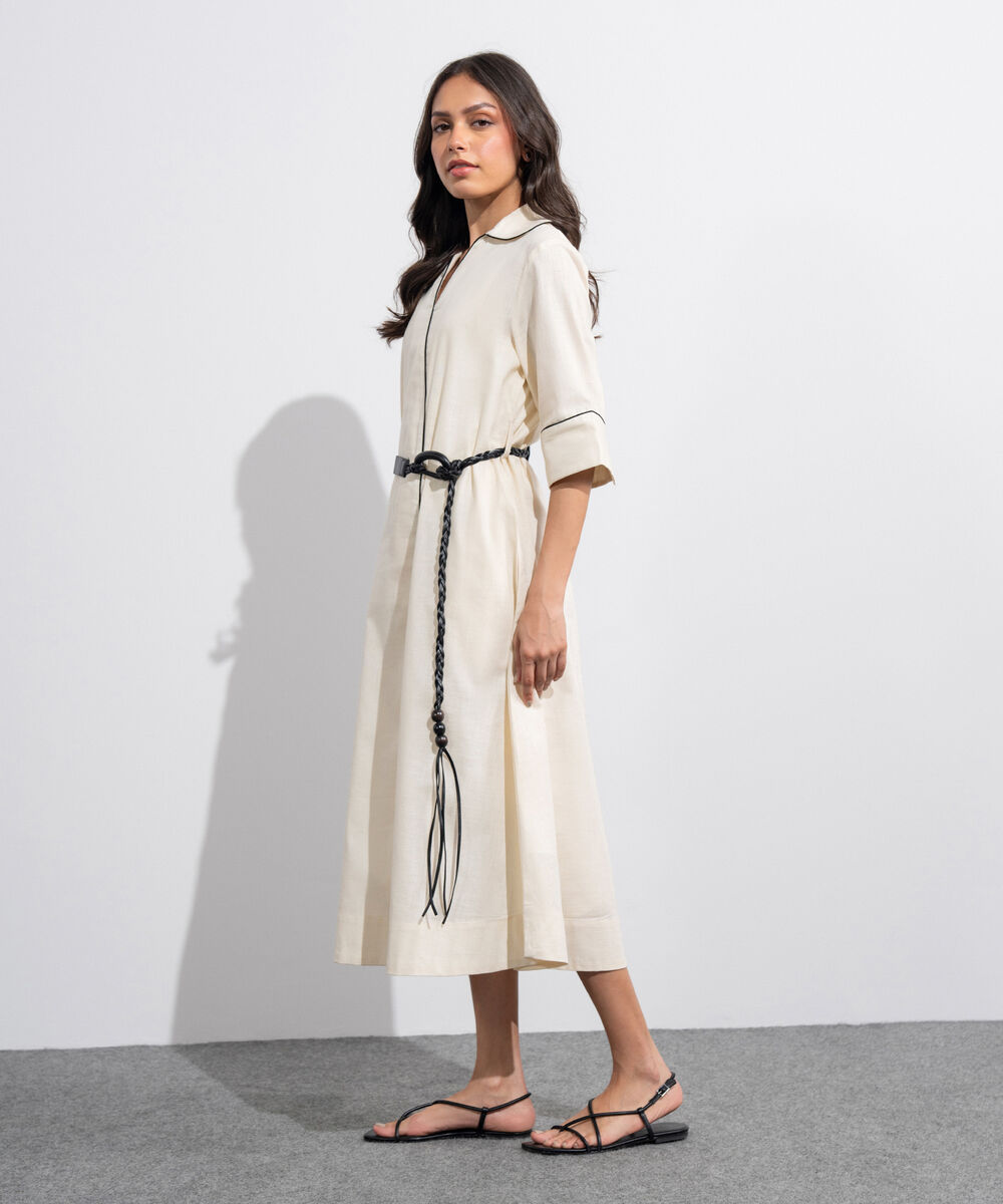 Women's Western Beige Maxi Dress With Belt