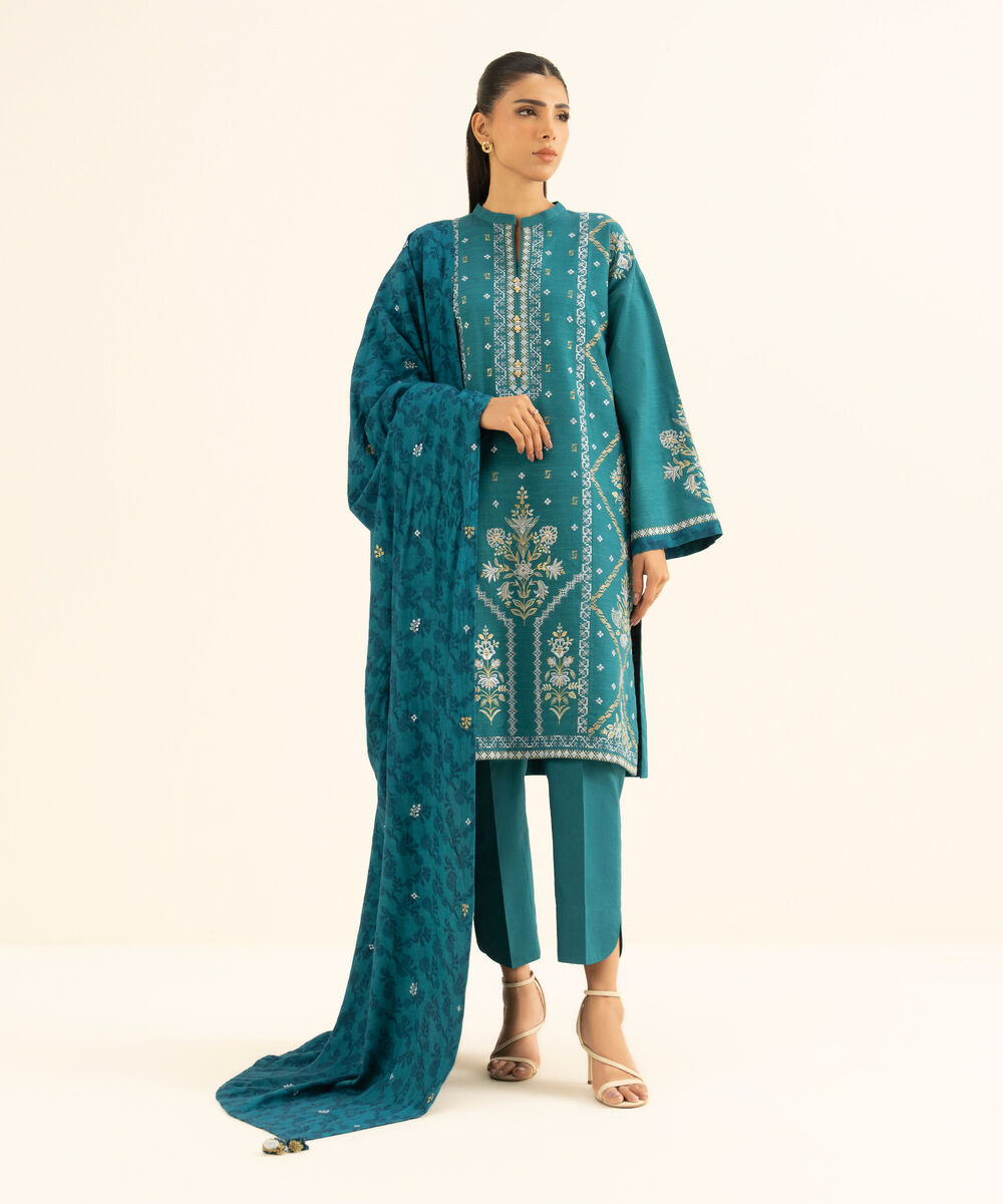 Women's Unstitched Cotton Embroidered Green 3 Piece Suit