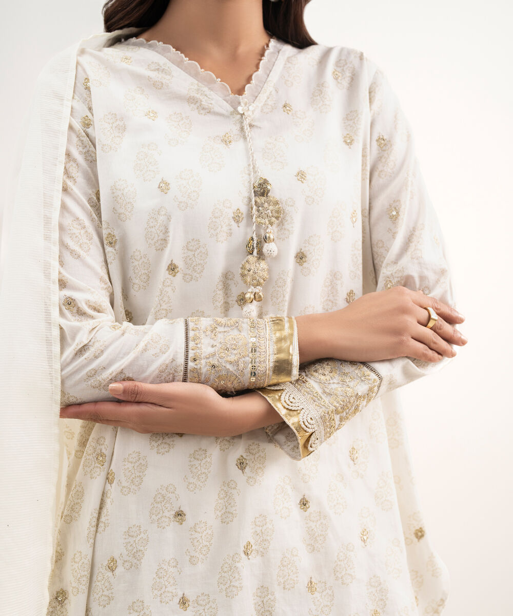 Women's RTW Lawn Embroidered Off White 3 Piece Suit