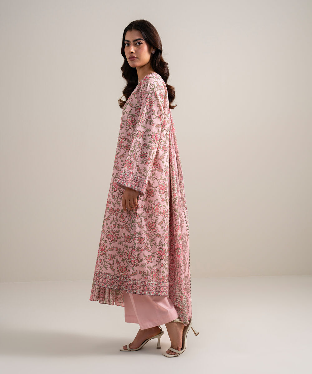 Women's Unstitched Lawn Printed Pink 3 Piece Suit