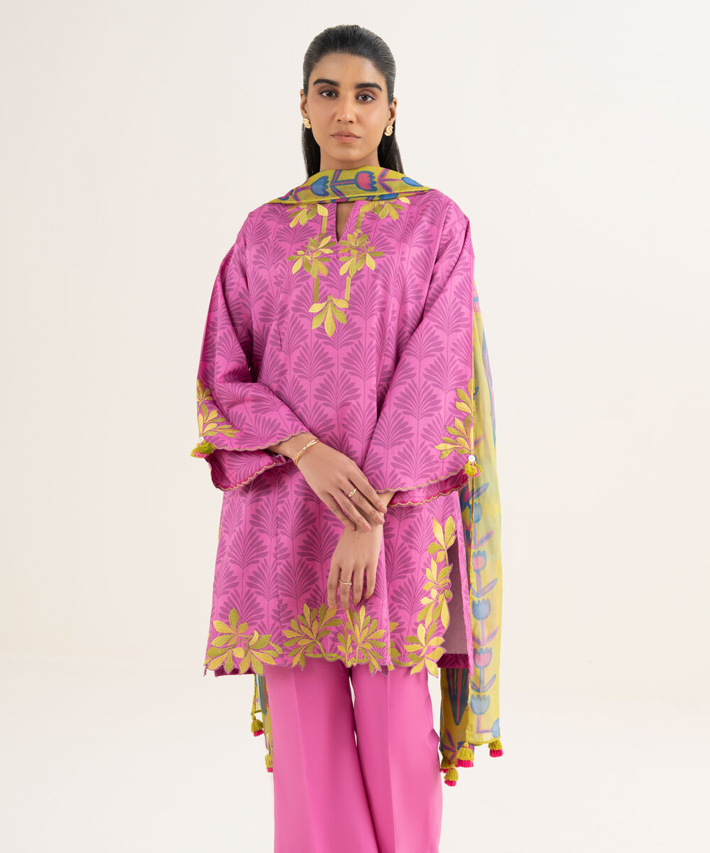 Women's Unstitched Lawn Embroidered PInk 3 Piece Suit