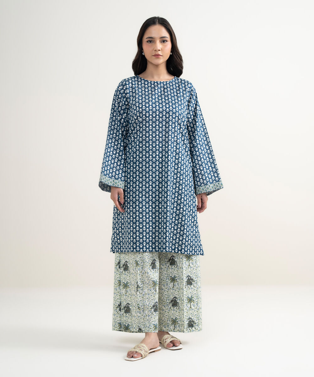 Women's RTW Lawn Printed Blue Straight Shirt