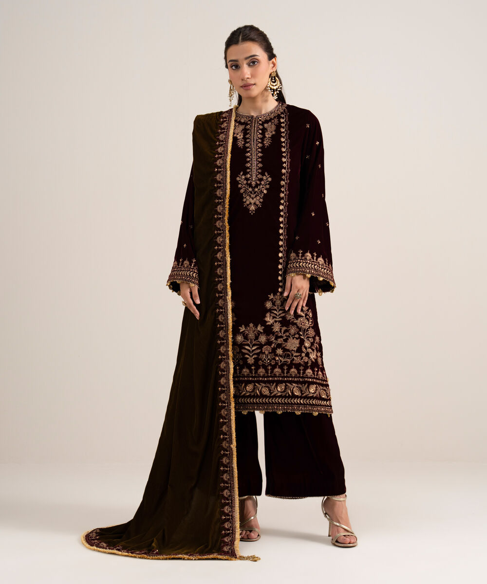 Women's Unstitched Embroidered Velvet Maroon 3 Piece Suit