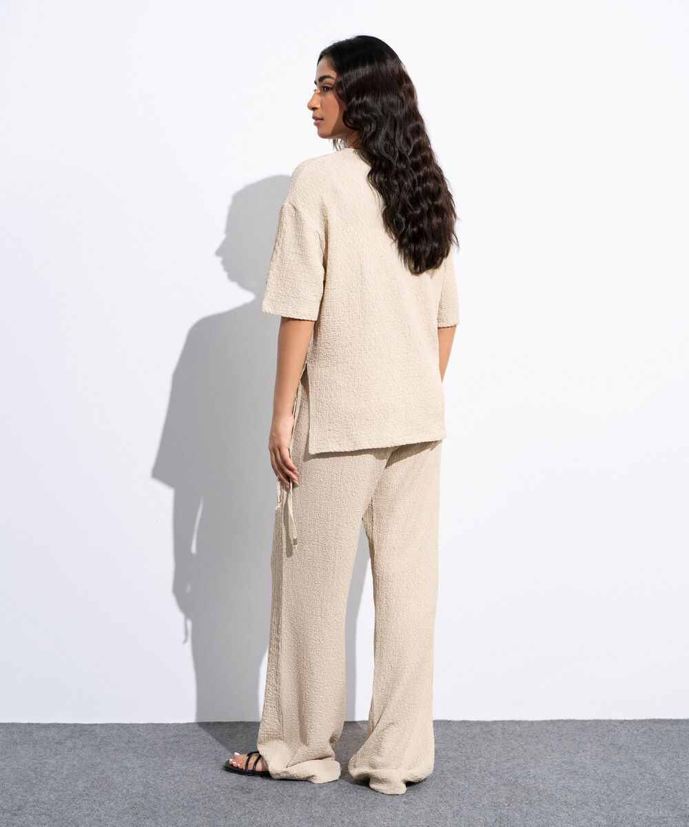 Women's Beige Loose Fit Textured T-Shirt