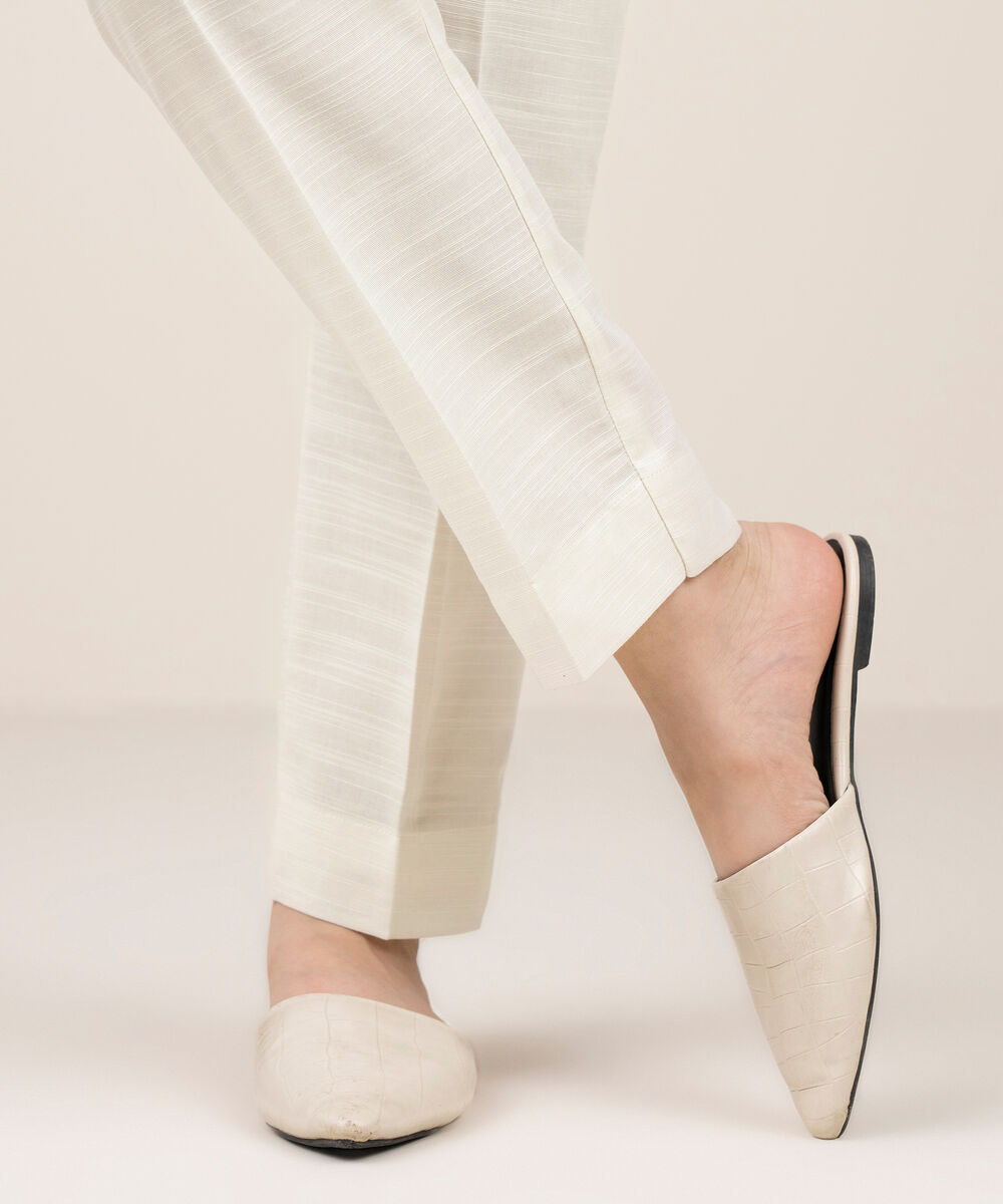 Women's RTW Khaddar Solid Off White Straight Pants