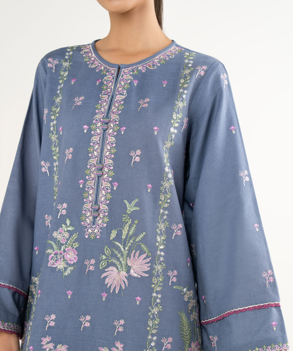 Women's Unstitched Light Khaddar Embroidered Blue 3 Piece Suit