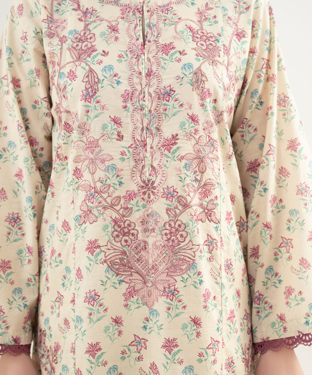 Women's RTW Slub Lawn Embroidered Off White A-Line Shirt