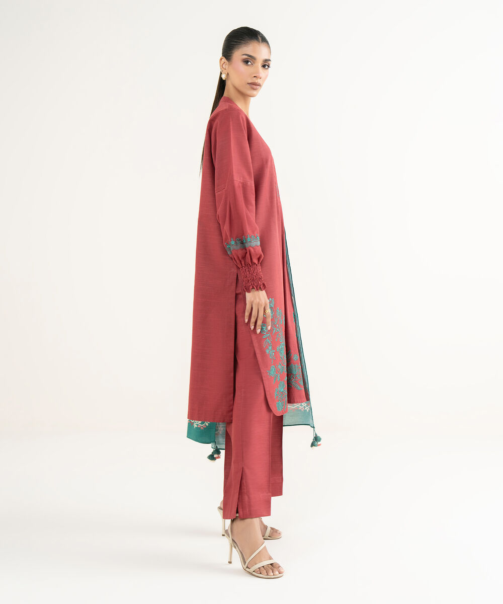 Women's Unstitched Light Khaddar Embroidered Red 3 Piece Suit