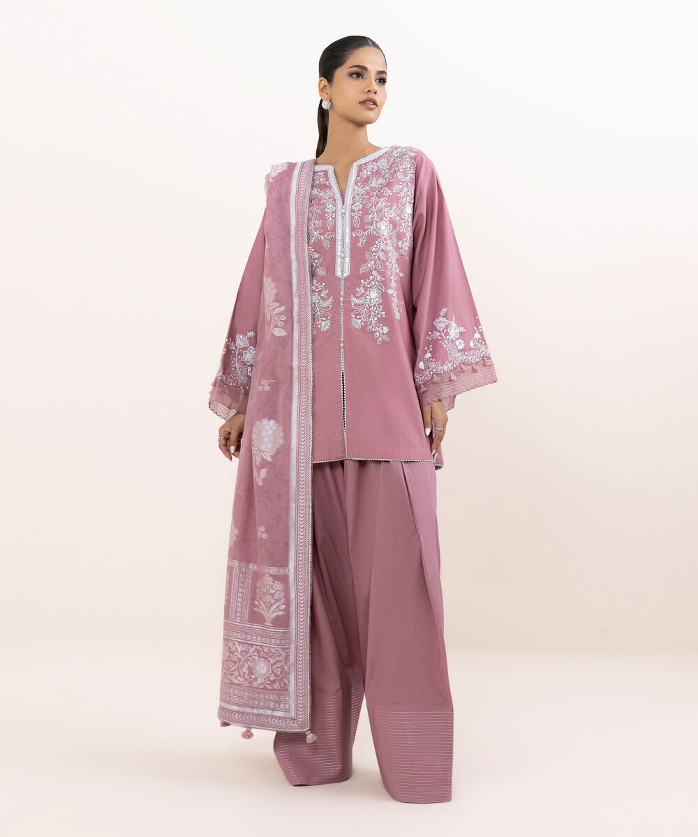 Women's Unstitched Light Cotton Satin Dyed Three Piece Suit