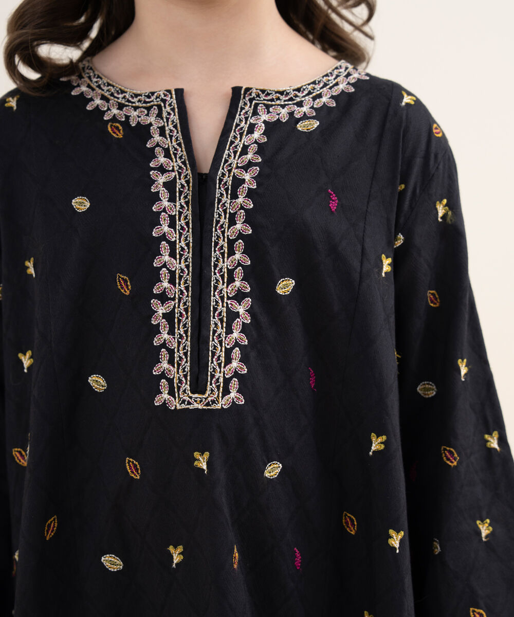 Girl's Self Jacquard Embroidered Black 2 Piece Suit