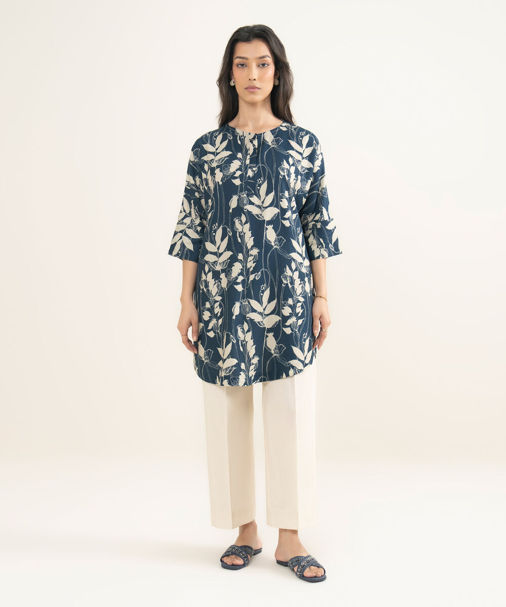 Women's RTW Arabic Cambric Printed Blue Drop Shoulder Shirt