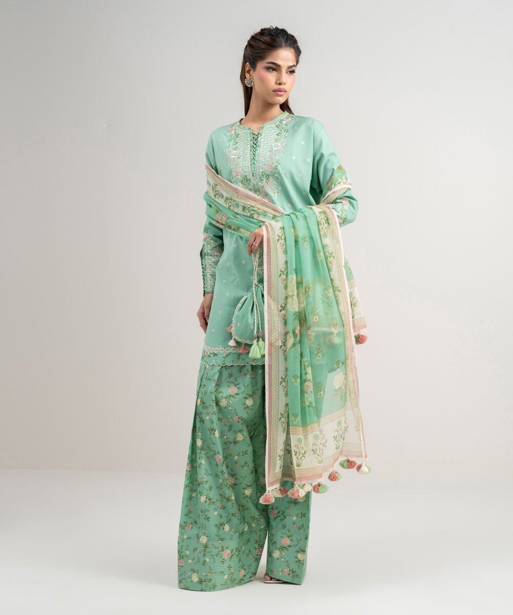 Women's Unstitched Textured Lawn Embroidered Green 3 Piece Suit