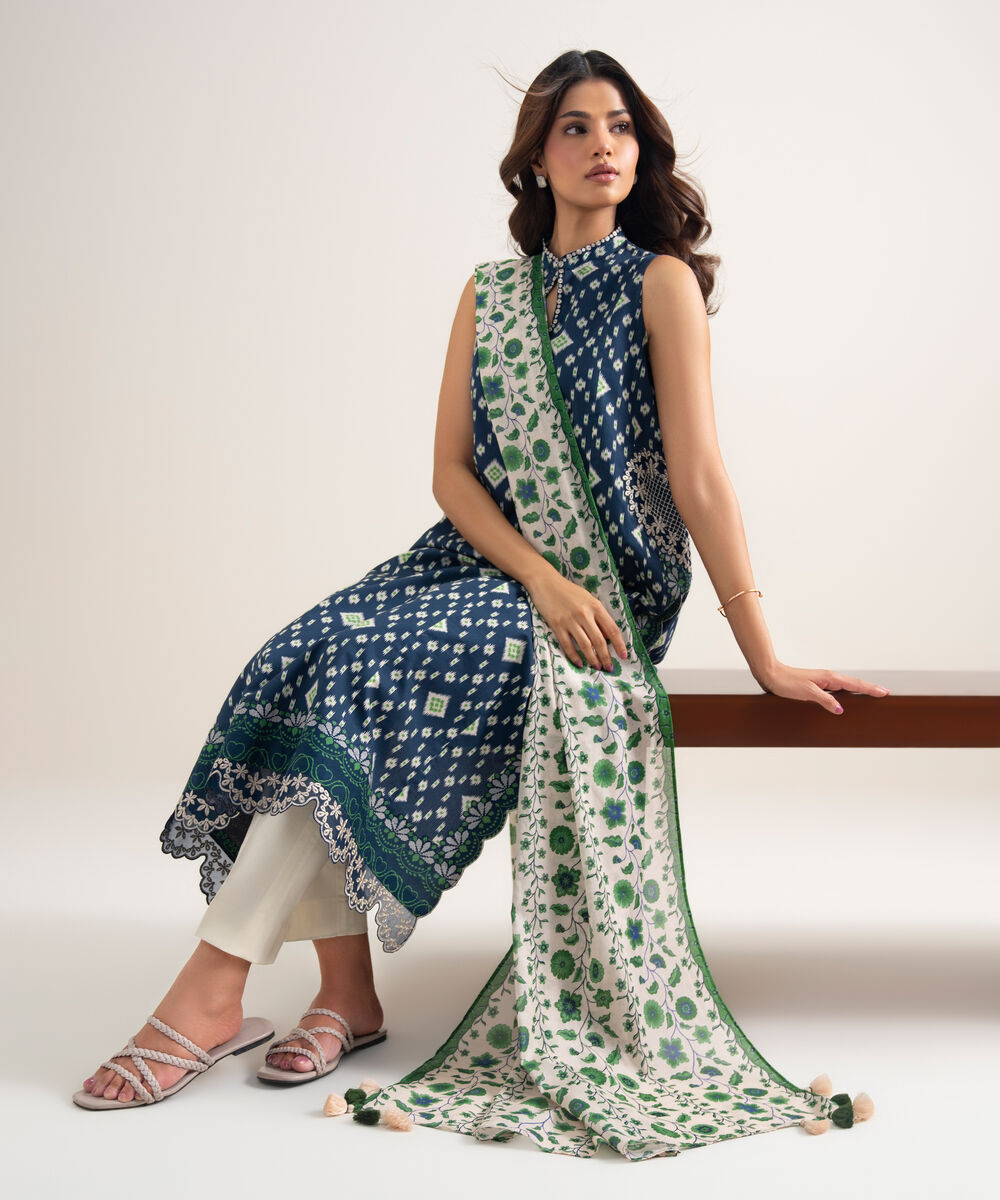Women's Unstitched Lawn Embroidered Blue 2 Piece Suit