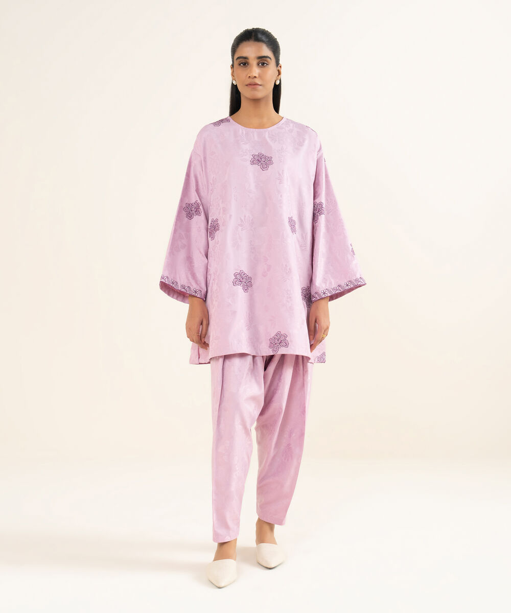 Women's RTW Jacquard Embroidered Lilac Boxy Shirt