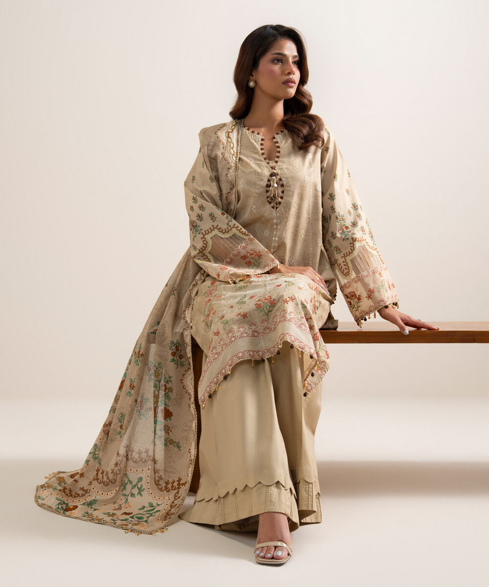 Women's Unstitched Lawn Embroidered Beige 3 Piece Suit