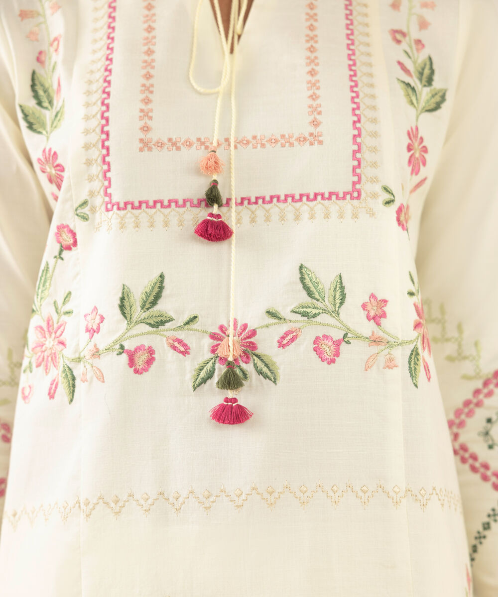 Women's Unstitched Cotton Embroidered Off White Two Piece Suit